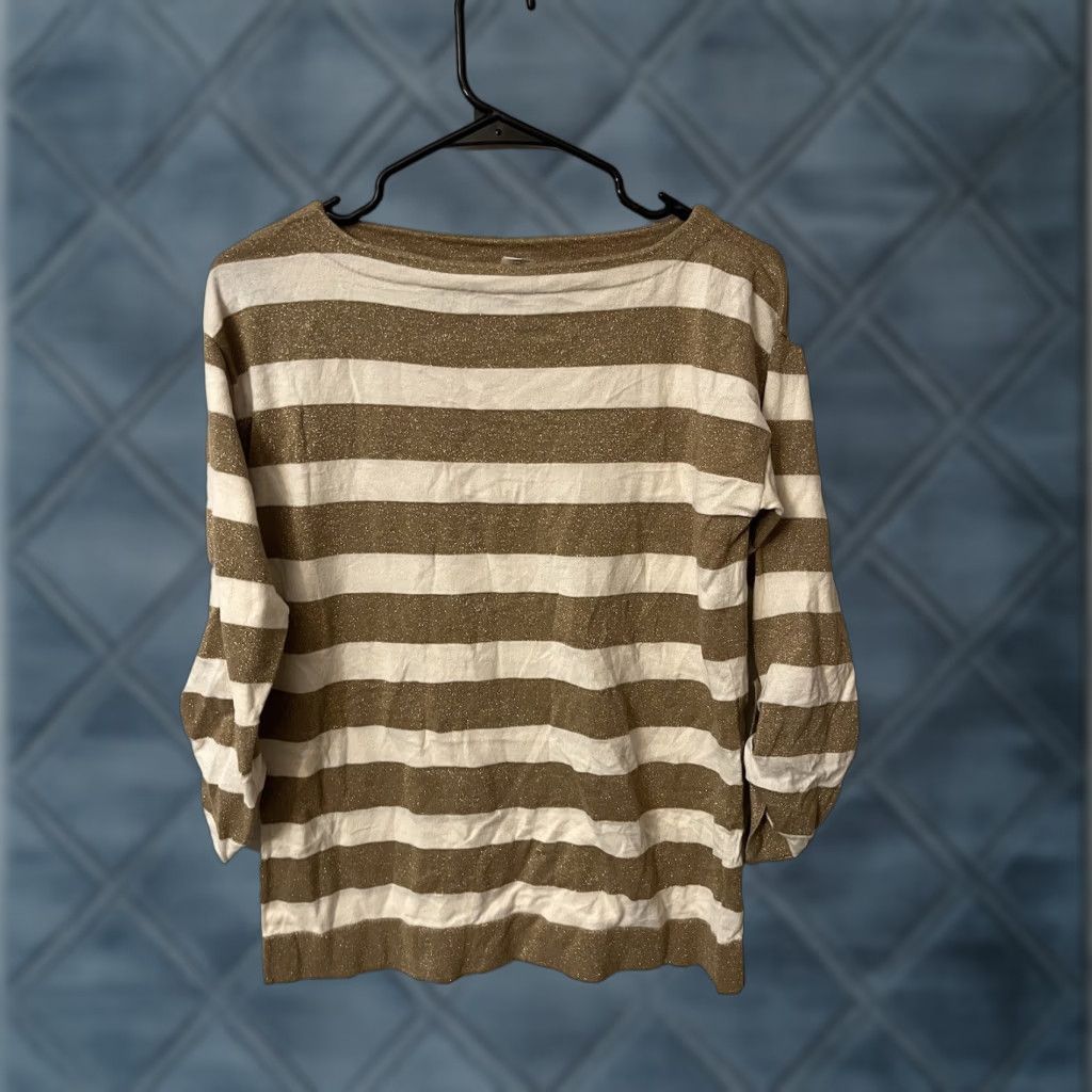 J.Crew J.CREW Women's Size Small Pullover Striped Seamo­re Gold Sparkle Boat Neck 3/4 Sleeve Sweater Style# 52449 Ladies Size S / US 4 / IT 40 - 1 Thumbnail