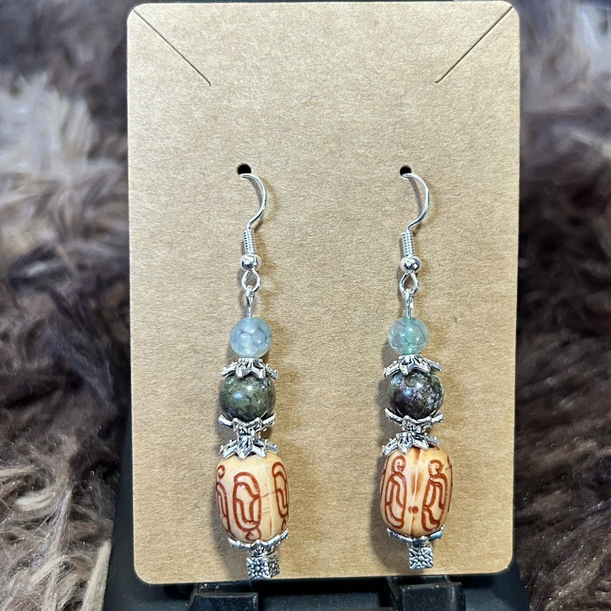 Handmade Handcrafted vintage bead dragon vein agate earrings Size ONE SIZE - 2 Thumbnail