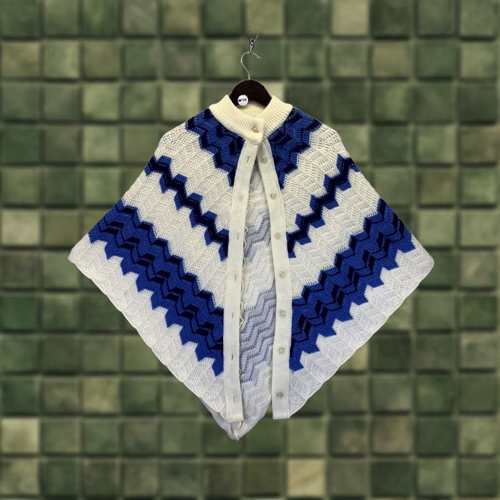 Vintage VINTAGE Shawl Wrap Geometric Afghan Knit Ivory Blue Women’s Shawl Cape-10708 Button Closure Size ONE SIZE - 1 Thumbnail