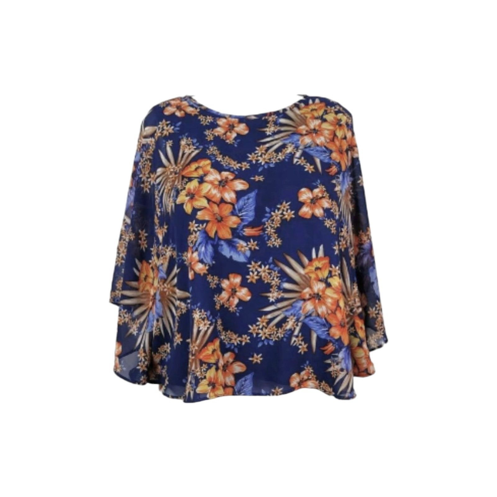 Other Faith & Joy Size XL Navy Blue Floral Butterfly Sleeve Blouse Size XL / US 12-14 / IT 48-50 - 5 Thumbnail