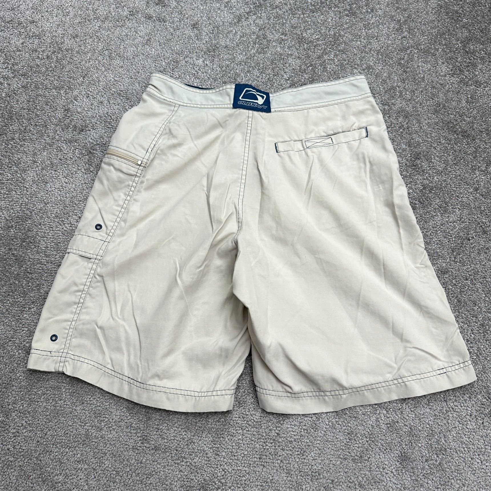 Old Navy VINTAGE Old Navy Cargo Board Shorts Mens S Beige 100% Nylon Swim Water Breathable Pockets Elastic Waist Beach 90s Mens Size US 29 - 2 Thumbnail