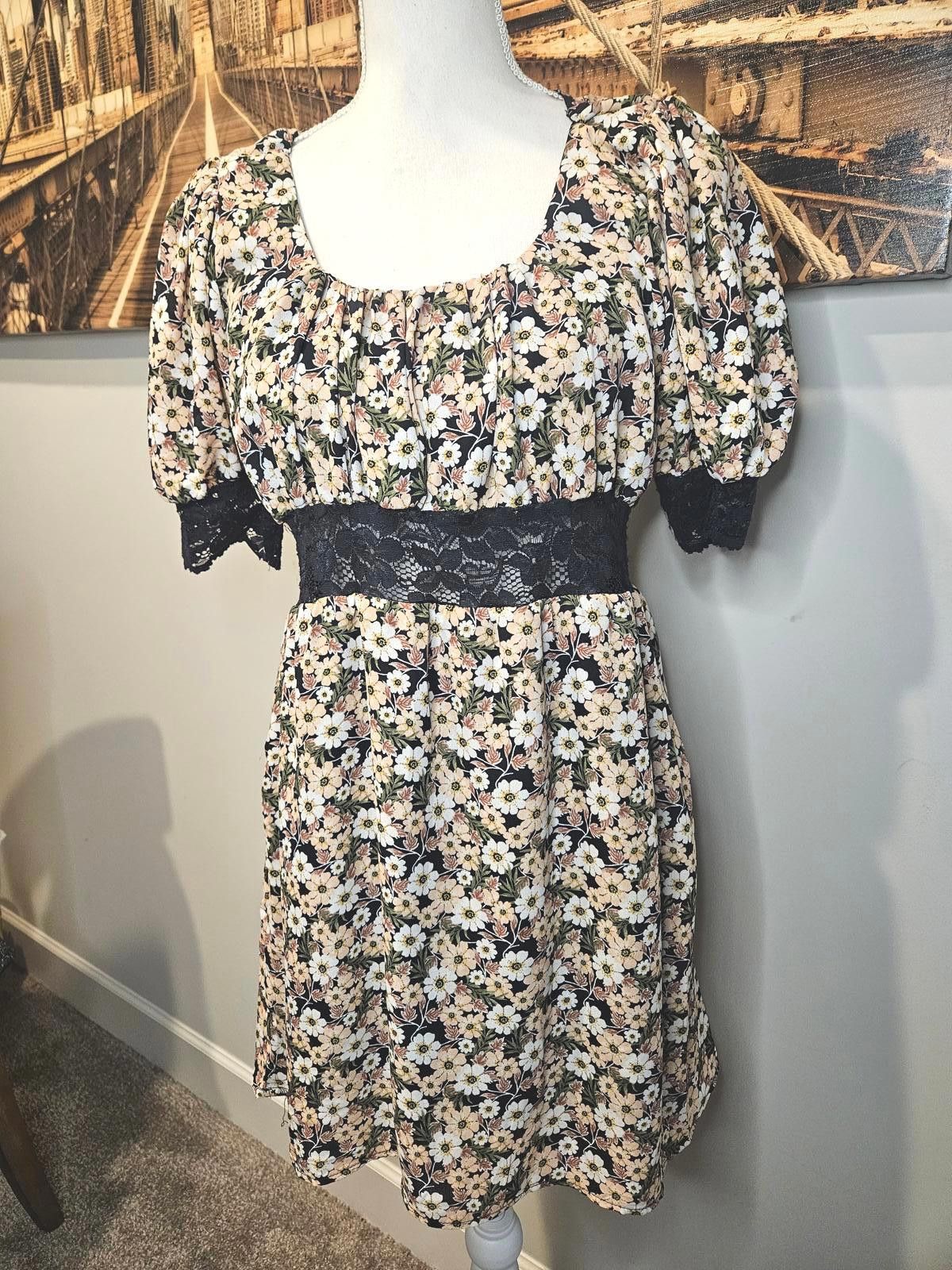 Designer 3rd + Malt Floral Print Dress with Lace Waistline #406 Size L / US 10 / IT 46 - 1 Thumbnail