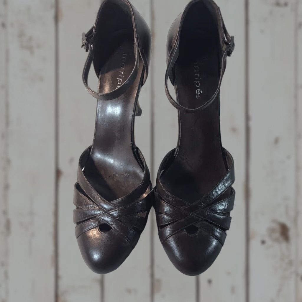 Vintage VINTAGE Maripe Brown Leather Heel Women's Size 8.5M Slingback Ankle Strap 4-Inch Cone Heel Casual Dress Size US 8.5 / IT 38.5 - 1 Thumbnail