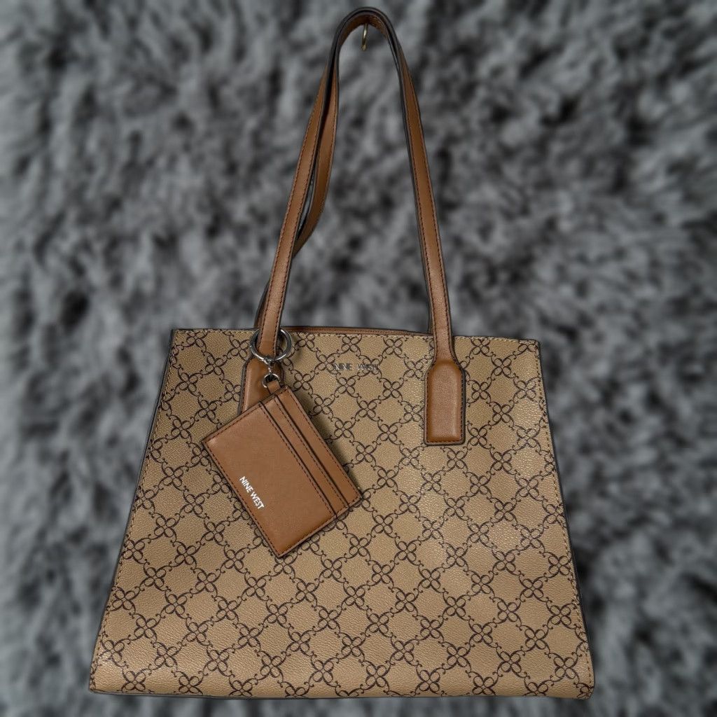 Nine West Nine West Tote Womens Large Brown Monogram Faux Leather Shoulder Pouch Work Bag Size ONE SIZE - 1 Thumbnail