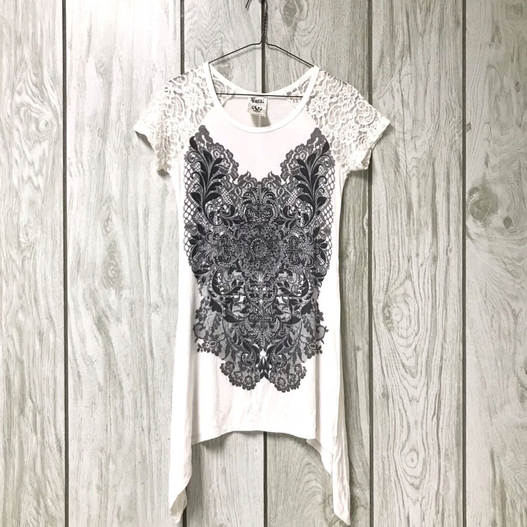 Vintage Vocal White Damask Cross Lace Bling Asymmetrical Short Sleeve Top S Shirt Womens USA Vintage No Size S / US 4 / IT 40 - 2 Thumbnail