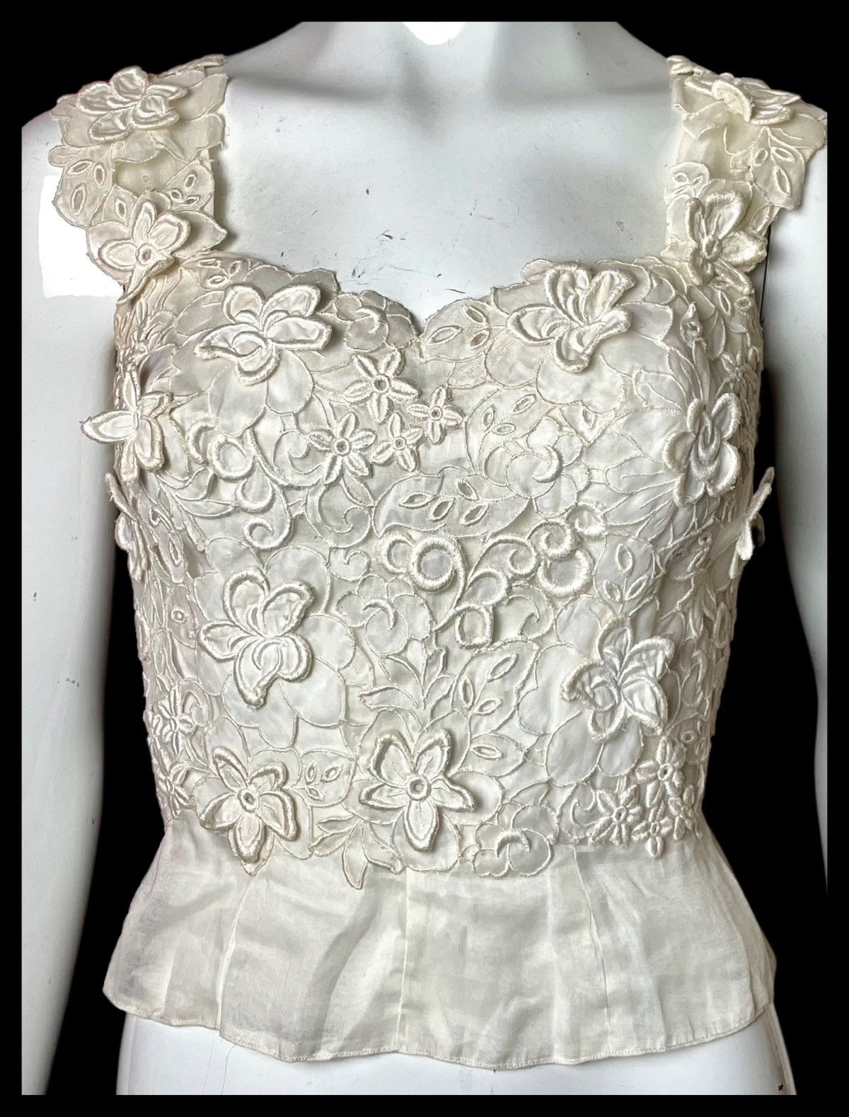 image of Vintage 1950S White Cotton Lace Appliqué Corset Bodice Embroidery, Women's (Size XS)