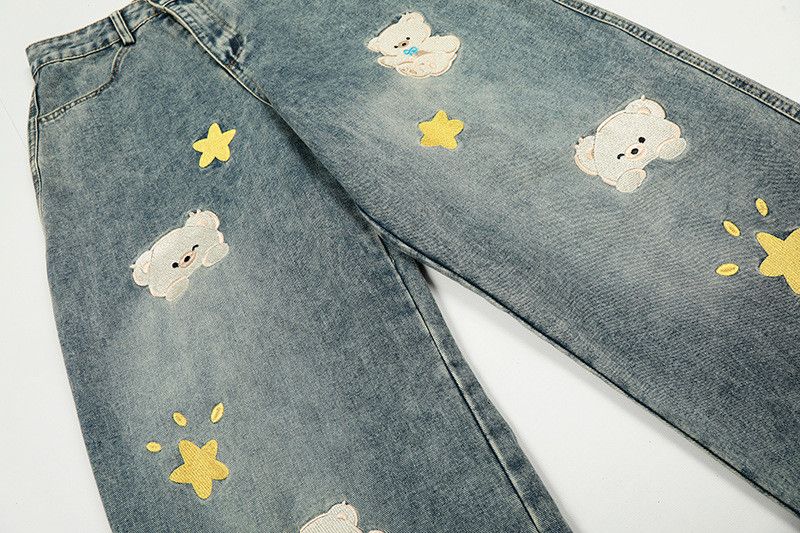 Jean Men's distressed straight star bear embroidery jeans Size US 32 / EU 48 - 4 Thumbnail