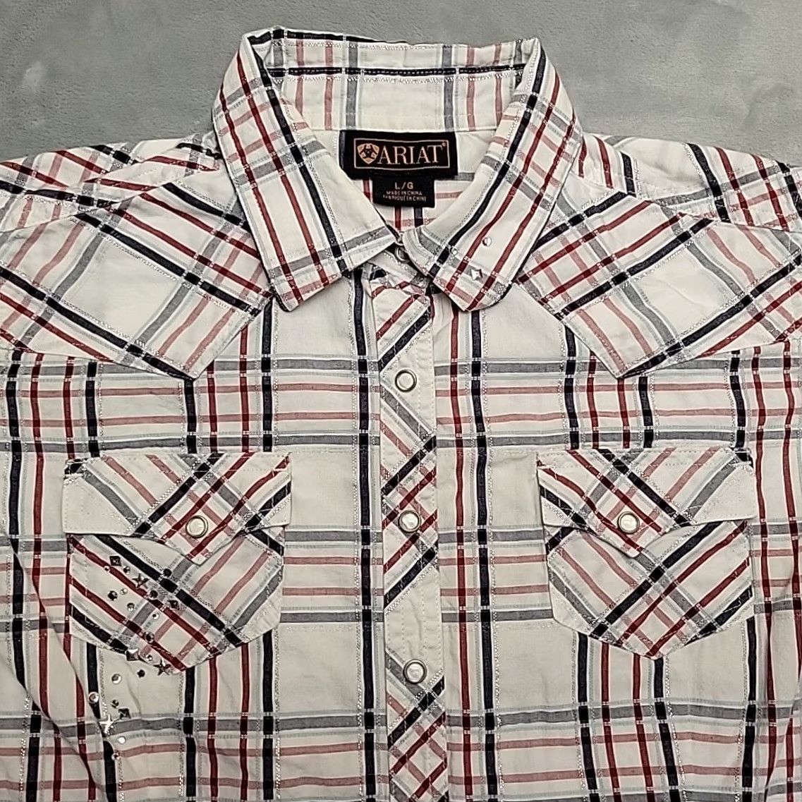 Ariat Ariat Shirt Womens L Patriotic Metalic Plaid Bedazzled Pearl Snap Western Cowboy Shirt Womens L White Plaid Patriotic Rhinestone Snap Menus Mens? Size L / US 10 / IT 46 - 2 Thumbnail