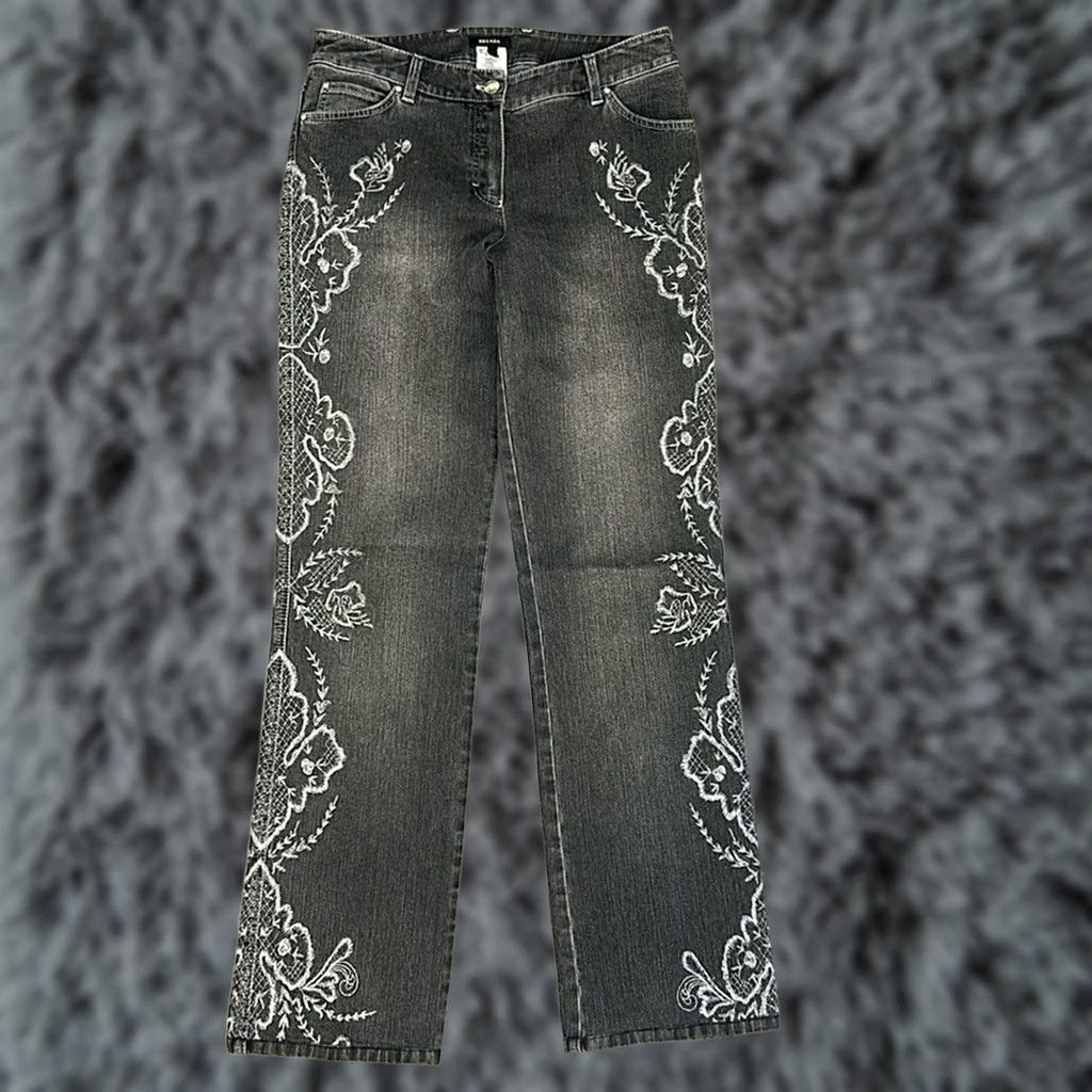 Escada VINTAGE ESCADA Black Washed Floral Stitched Beaded Embroidery Boot Cut Jeans - 38 (US 8) Womens Jeans Size 30" / US 8 / IT 44 - 1 Thumbnail