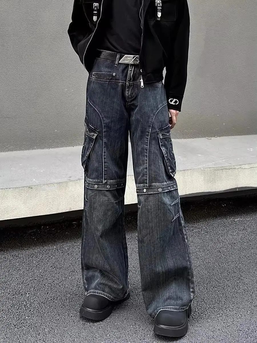 Japanese Brand Retro heavy duty workwear large pocket wide leg cargo jeans Size US 33 - 4 Thumbnail