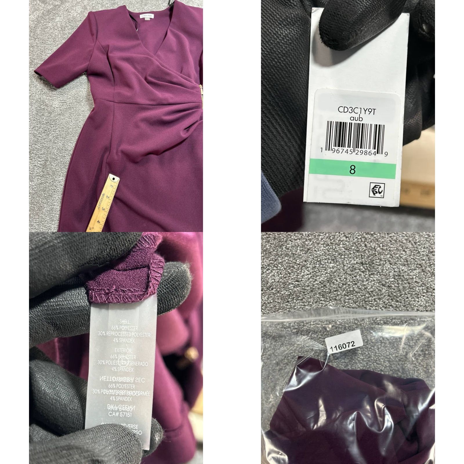 Calvin Klein Calvin Klein Womens Dress Surplice Side Zip Sheath 8 Purple Elbow Sleeve Midi V-Neck Zip Size M / US 6-8 / IT 42-44 - 9 Thumbnail