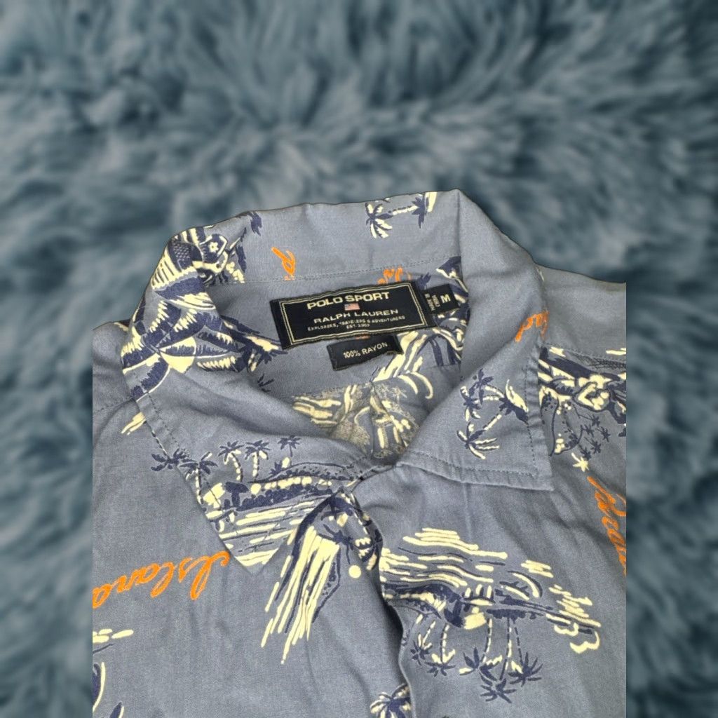 VINTAGE Polo Sport Ralph Lauren Paradise Hawaiian Button Down Rayon Shirt Sz M Blue Floral Short Sleeve Casual Mens Button-Up