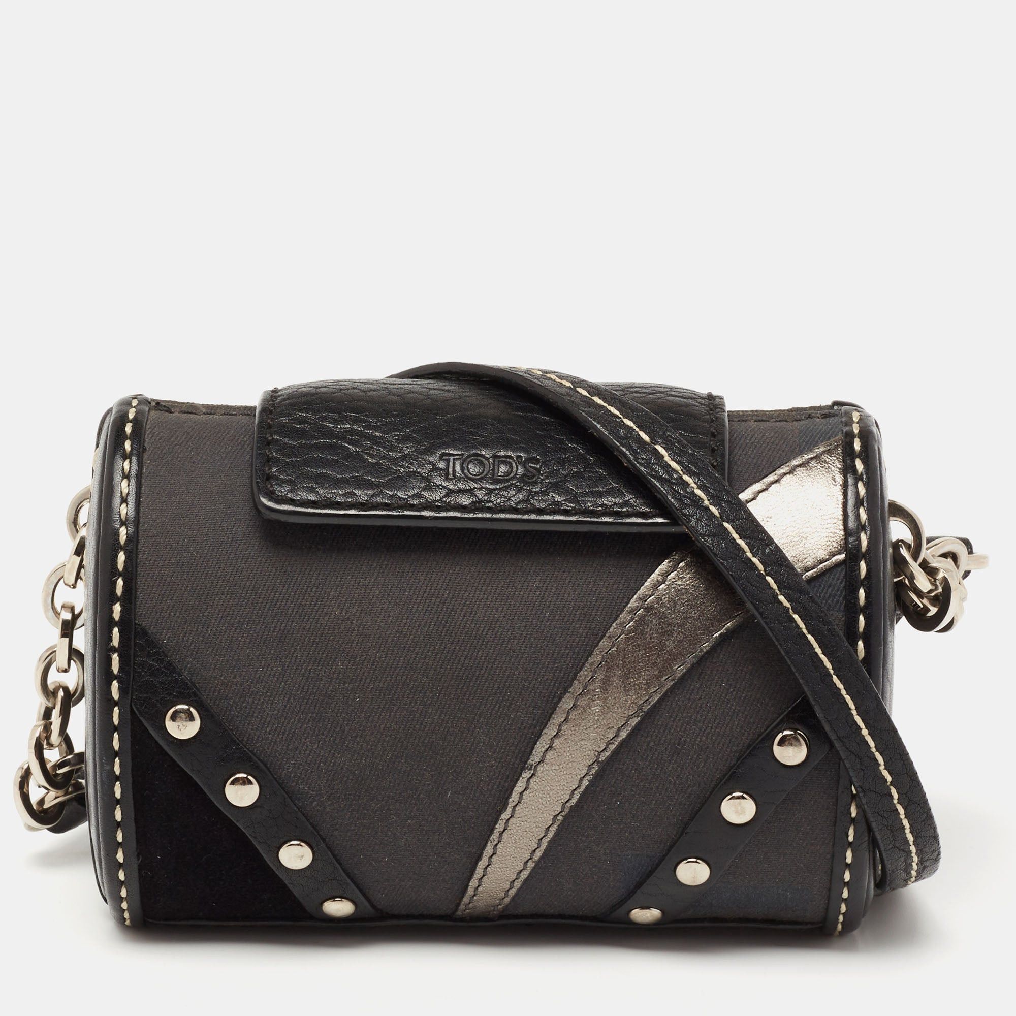 image of Tods Tod's Black Leather And Canvas Studded Flap Shoulder Bag, Women's