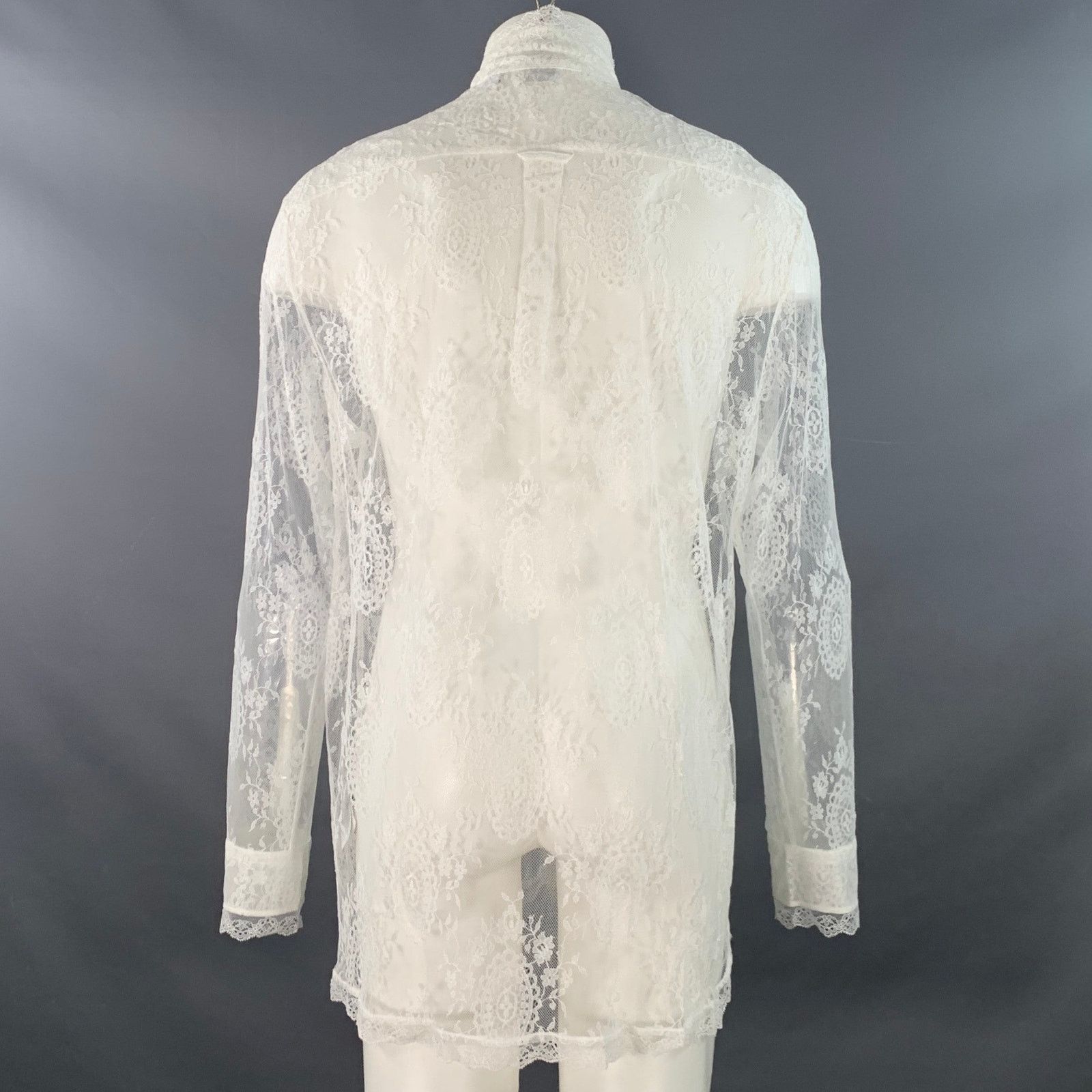 Burberry BURBERRY White Lace Viscose Blend Bow Long Sleeve Shirt Size US M / EU 48-50 / 2 - 3 Thumbnail