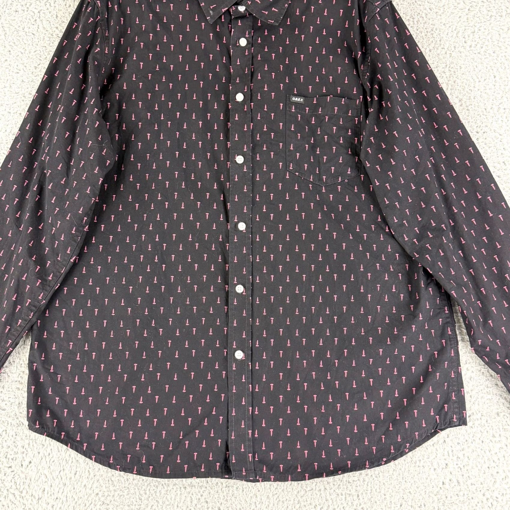 Obey OBEY Button Down Shirt Mens XL Black Pink Screw Print Long Sleeve Streetwear Size US XL / EU 56 / 4 - 5 Thumbnail