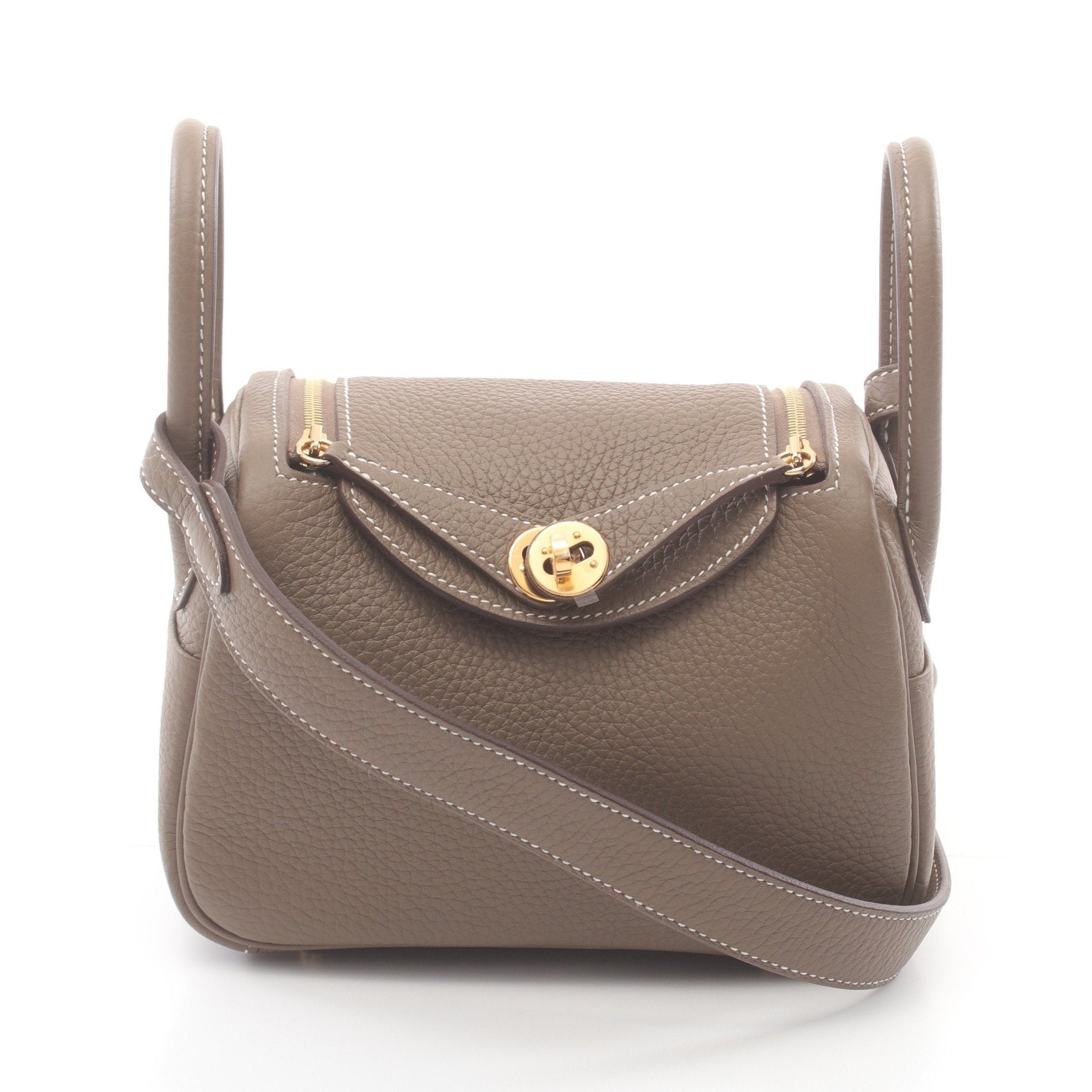 Hermes Hermes Lindy Mini Etoupe Shoulder Bag Clemence Leather Gray Brown Gold Hardware B Stamp Size ONE SIZE - 1 Thumbnail