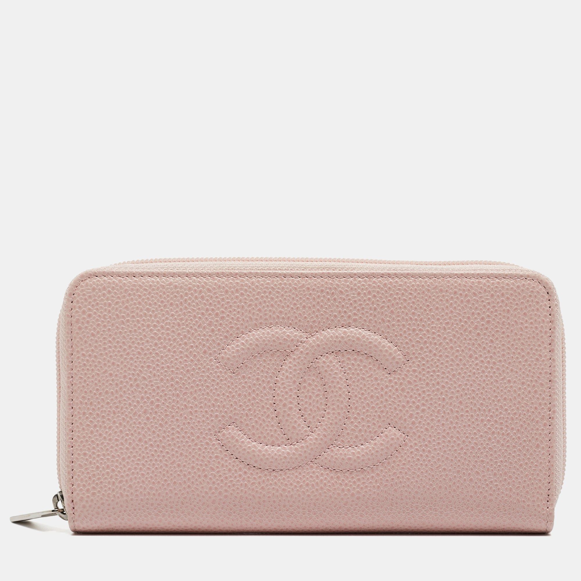 image of Chanel Pink Caviar Leather Cc Zip Around Wallet, Women's