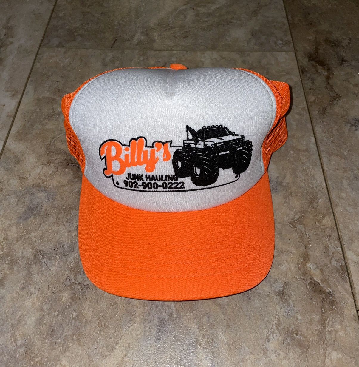 image of Billy Hill Billy’S Junk Hauling Orange White Trucker Hat, Men's