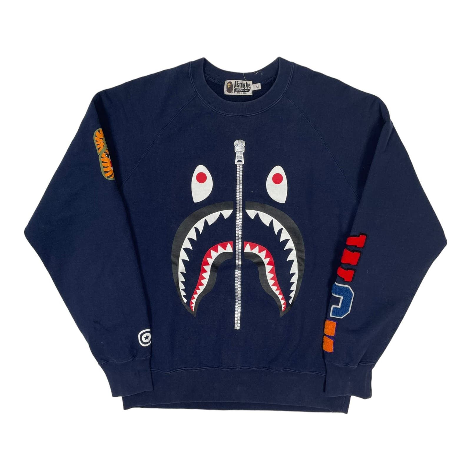 image of Bape Shark Zipper Crewneck Sweatshirt Navy Pre-Owned, Men's (Size XL)