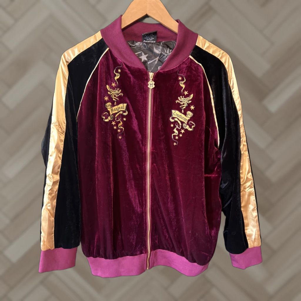 Vintage Harry Potter Jacket Womens XL Red Velvet Velour Bomber Jacket Hogwarts Wizard Jacket Size XL / US 12-14 / IT 48-50 - 1 Thumbnail