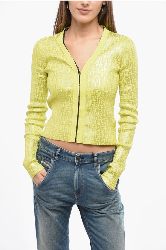 Ribbed M-GRIA Cardigan with Metallic Finish and Hook-and-Eye