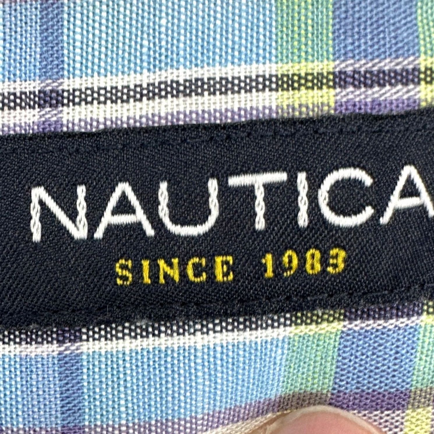 Nautica Nautica Button-Up Shirt Men Large Purple Blue Plaid Short Sleeve Linen Blend Cotton Linen Microfiber Breathable Button-Down Collared Pocket? Size US L / EU 52-54 / 3 - 4 Thumbnail