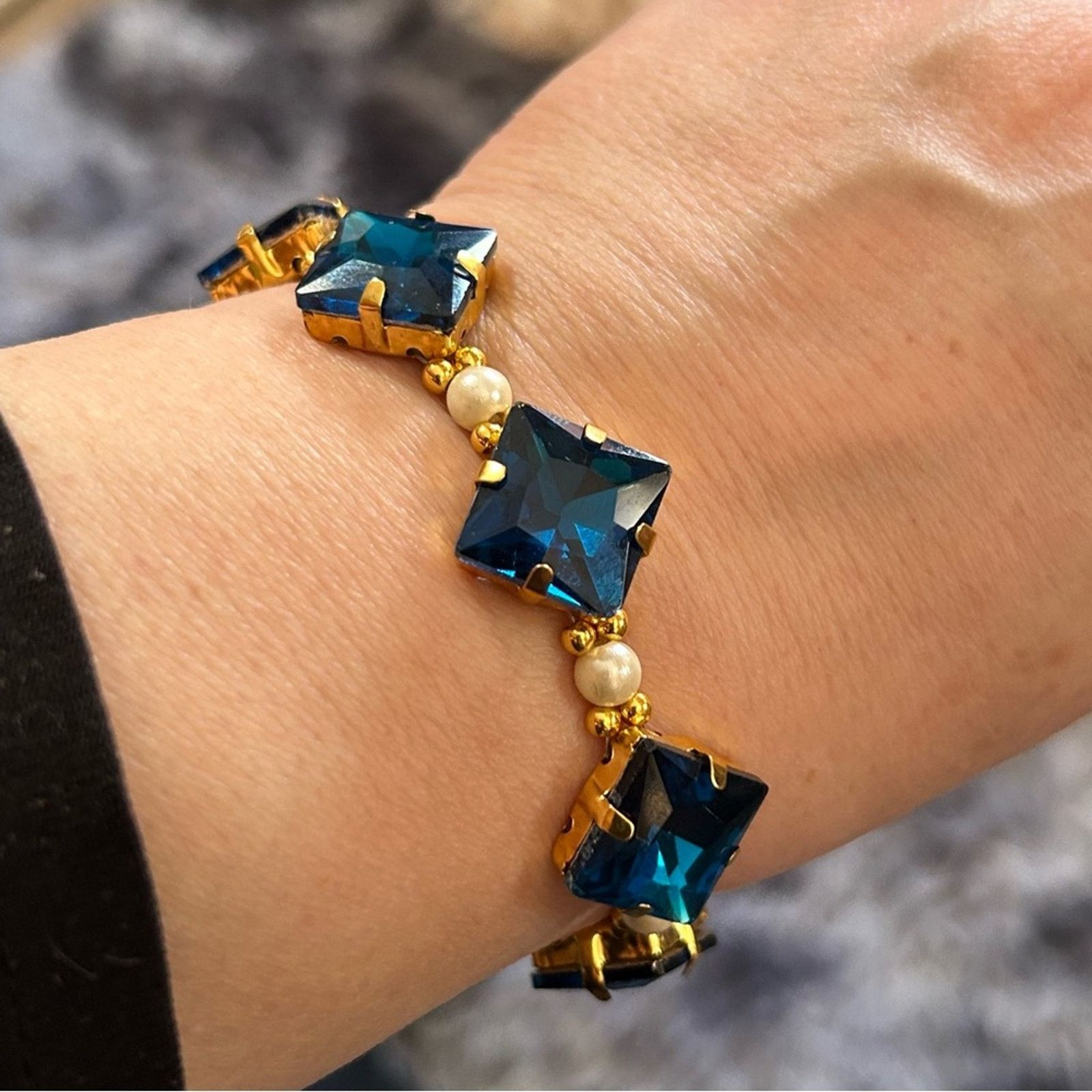 Handmade Handcrafted royal blue rhinestone faux pearl bracelet Size ONE SIZE - 1 Thumbnail