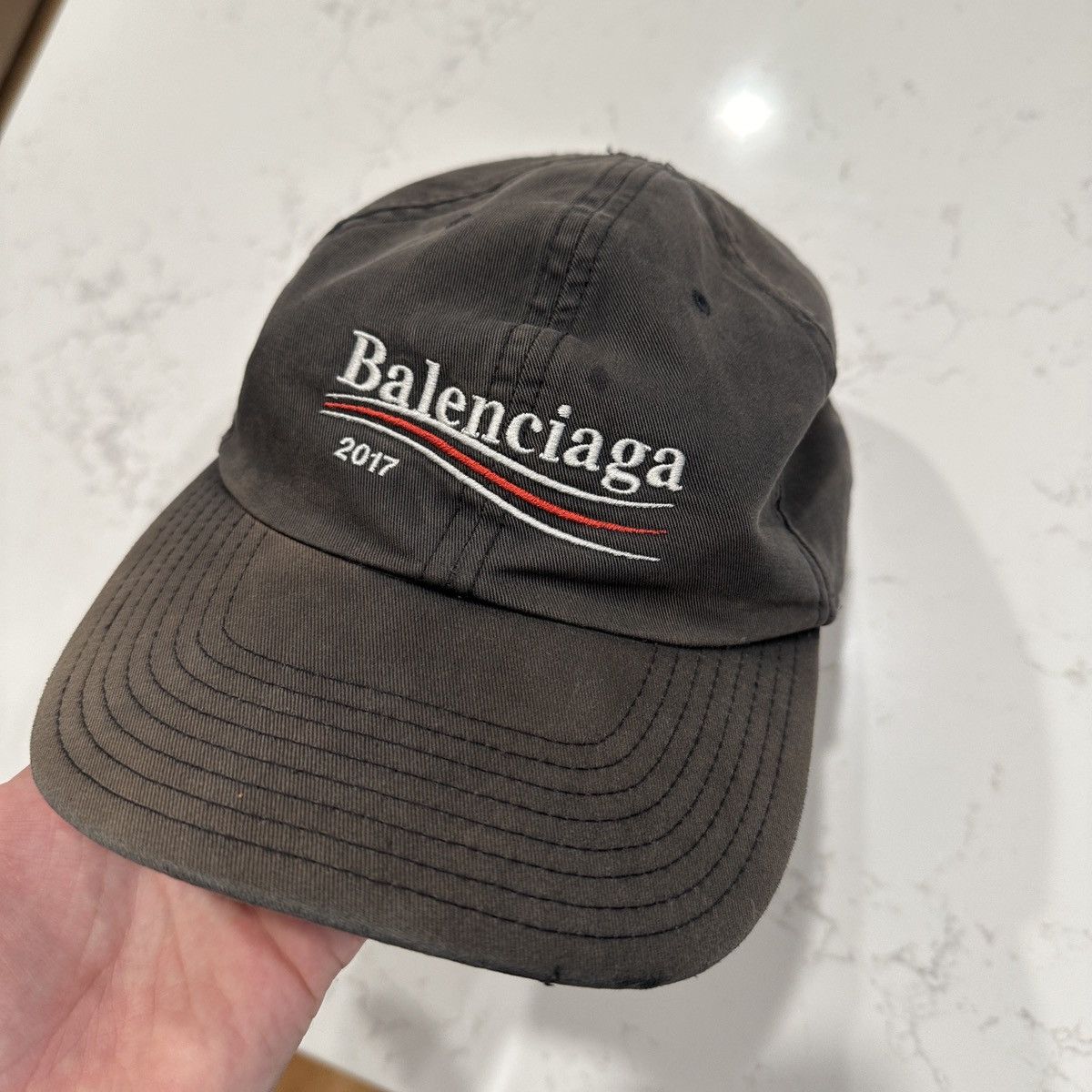 image of Balenciaga Vintage Wash Faded Political Campaign Cap in Faded Black, Men's