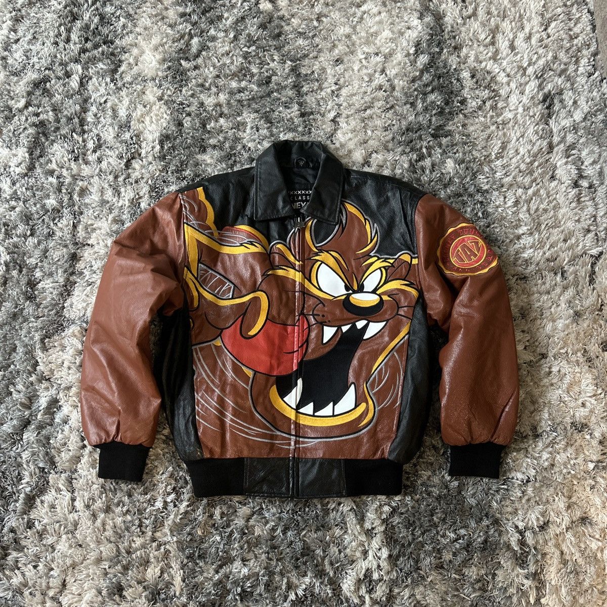 Image of Vintage Taz Leather Jacket Y2K Looney Tunes Tasmanian Devil in Black, Men's (Size Small)