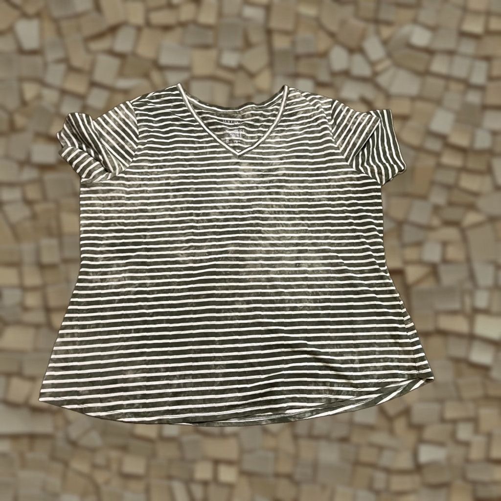 Vintage Terra & Sky Shirt Women's Plus Size 2X Green White Striped V-neck Short Sleeve Pullover Casual Modern Basic T-Shirt Womens Size XXL / US 16-18 / IT 52-54 - 1 Thumbnail