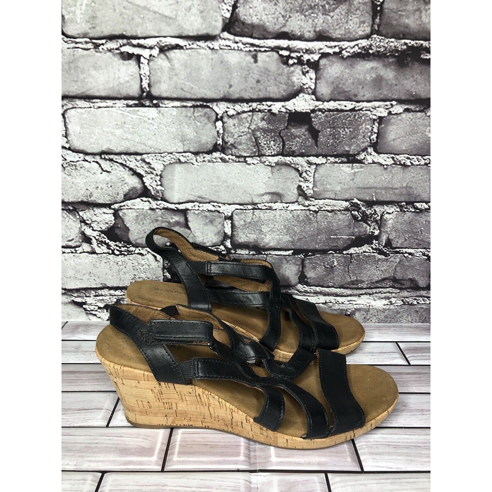 Rockport Rockport Black Leather Casual Cork Wedge Strappy Sandals Wom Size US 8.5 / IT 38.5 - 10 Thumbnail