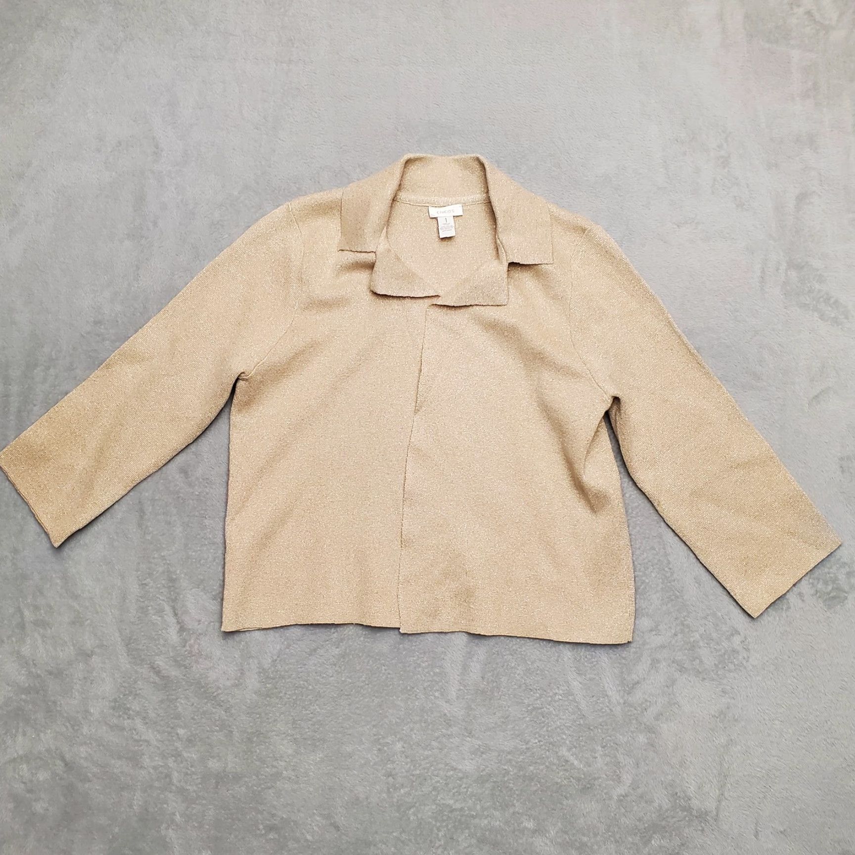 Vintage Chicos Cardigan Womens Size 1 US 8 Beige Metalic Gold Open Front Knit Casual Shirt Size XS / US 0-2 / IT 36-38 - 2 Thumbnail