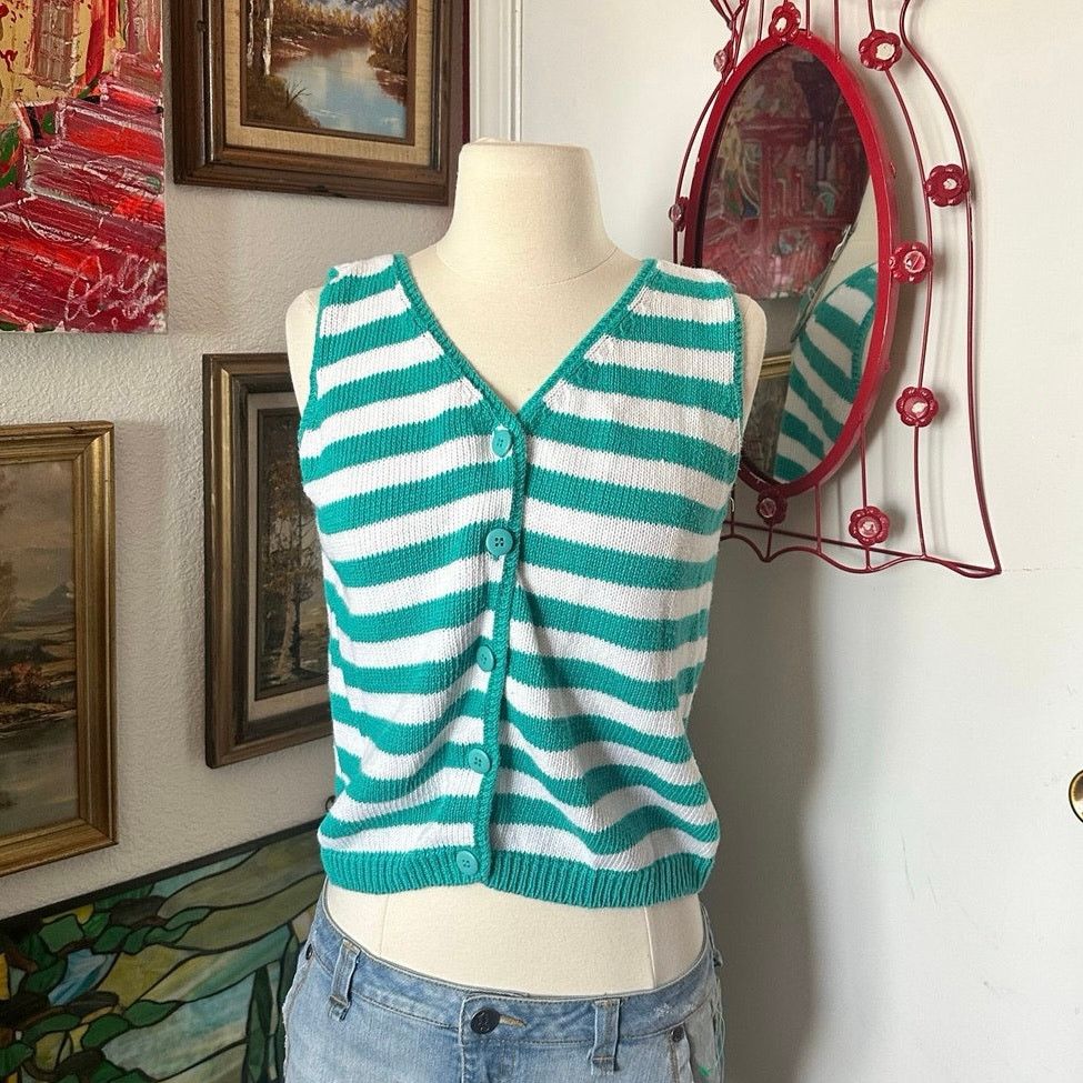 Other sostanza green white striped button up knit vest Size L / US 10 / IT 46 - 1 Thumbnail