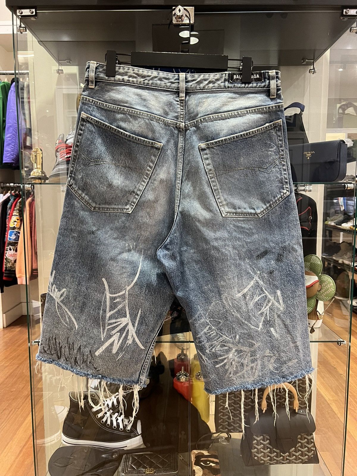 Balenciaga graffiti skater distressed denim shorts