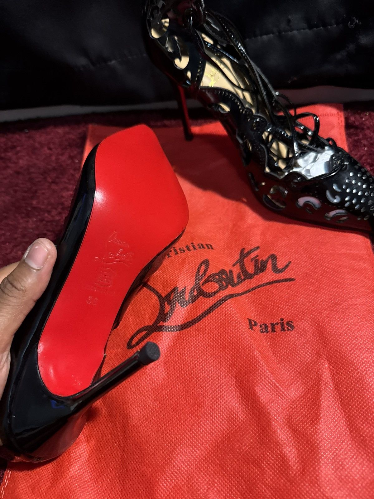 Christian Louboutin Christian Louboutin Black Patent Leather LaserCut Heels Mint Size US 7 / IT 37 - 4 Thumbnail