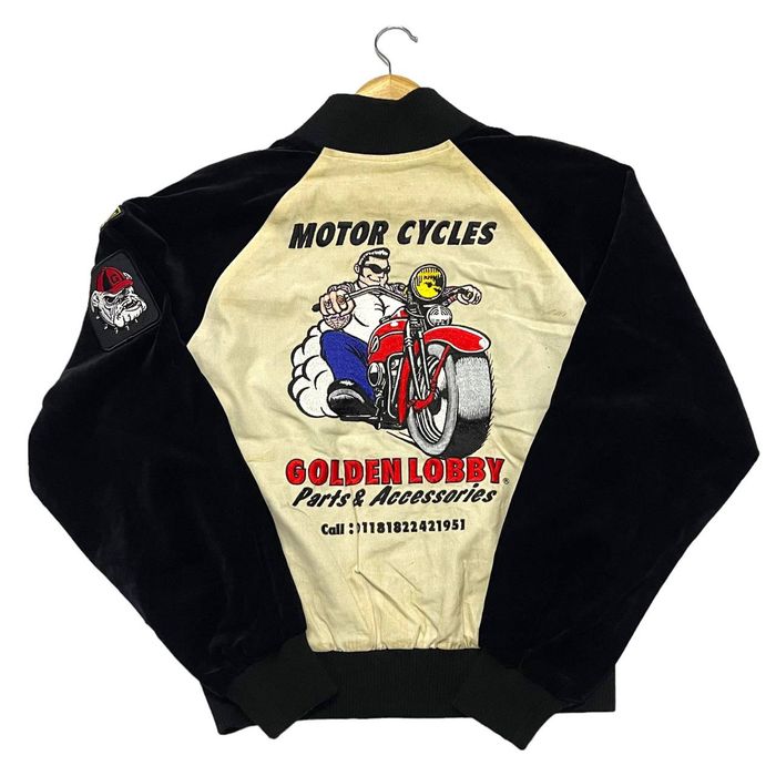 Japanese Brand Vintage Golden Lobby Motor Cycles Embroidery Bomber