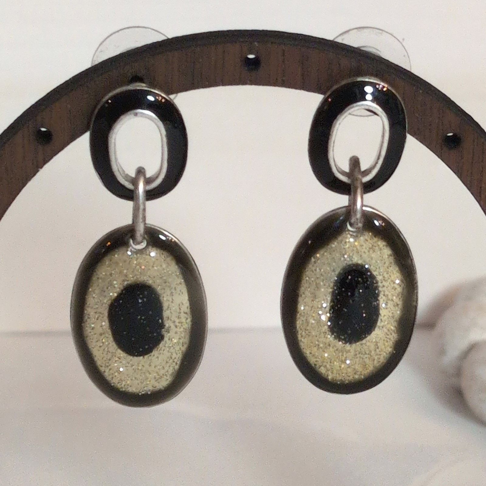 Vintage VTG 1980s Silver Black & Gold Glitter Oval Dangle Earrings Size ONE SIZE - 3 Thumbnail