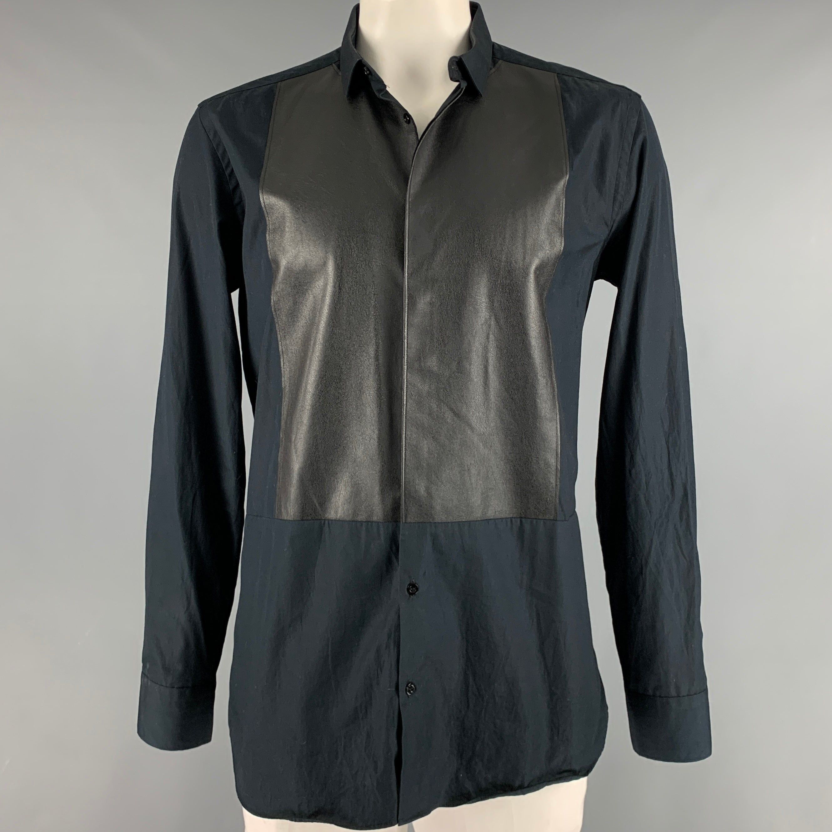 image of Neil Barrett Black Mixed Fabrics Cotton Button Up Long Sleeve Shirt, Men's (Size Large)