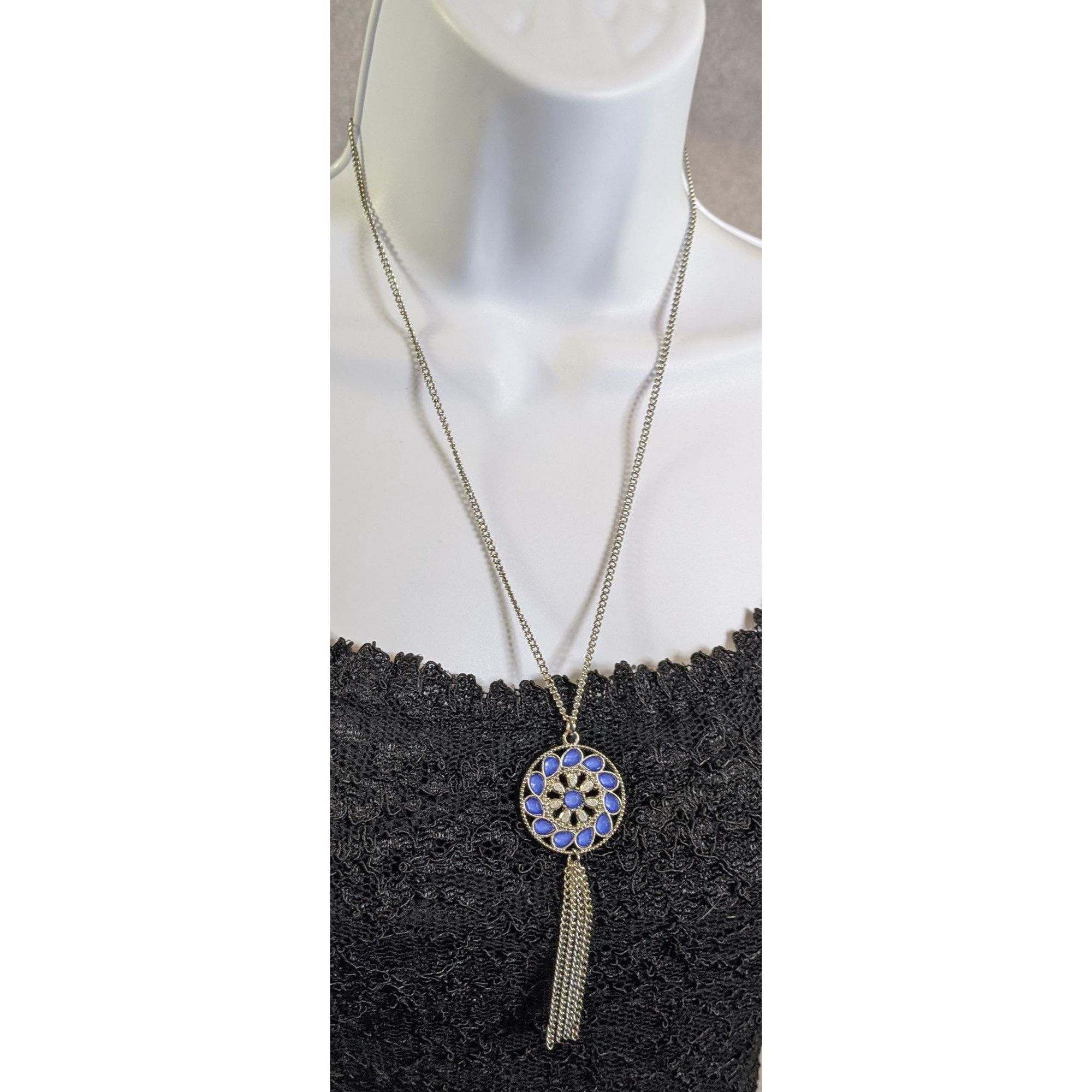 Other Bohemian Blue And Silver Tone Medallion & Tassel Pendant Nec Size ONE SIZE - 3 Thumbnail