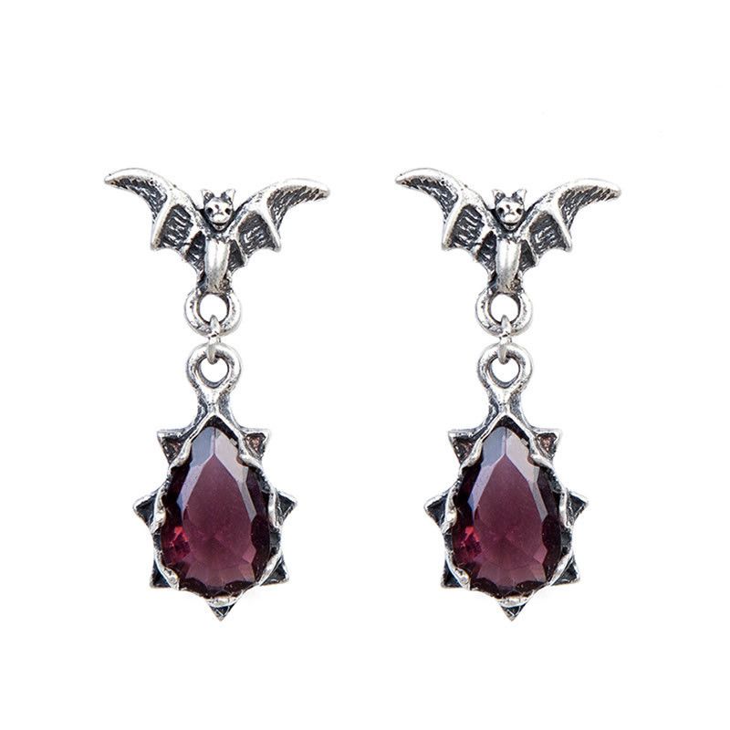 Jewelry 925 Silver Bat Red Stone Retro Earrings One Pairs Chrome Size ONE SIZE - 5 Thumbnail