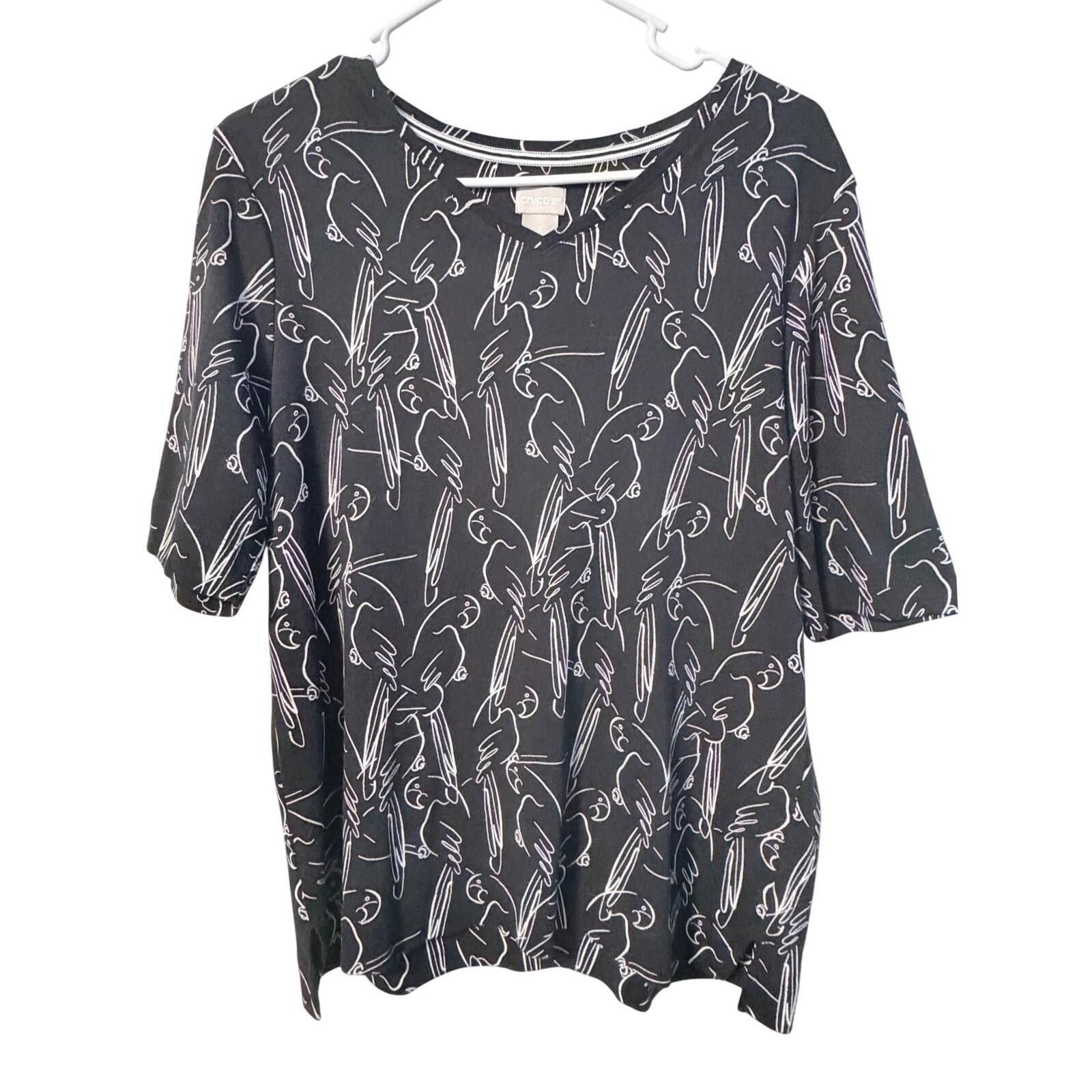 Chicos Chico's Parrot Print Top Womens 2 L Black Supima Cotton Tee Size L / US 10 / IT 46 - 1 Thumbnail