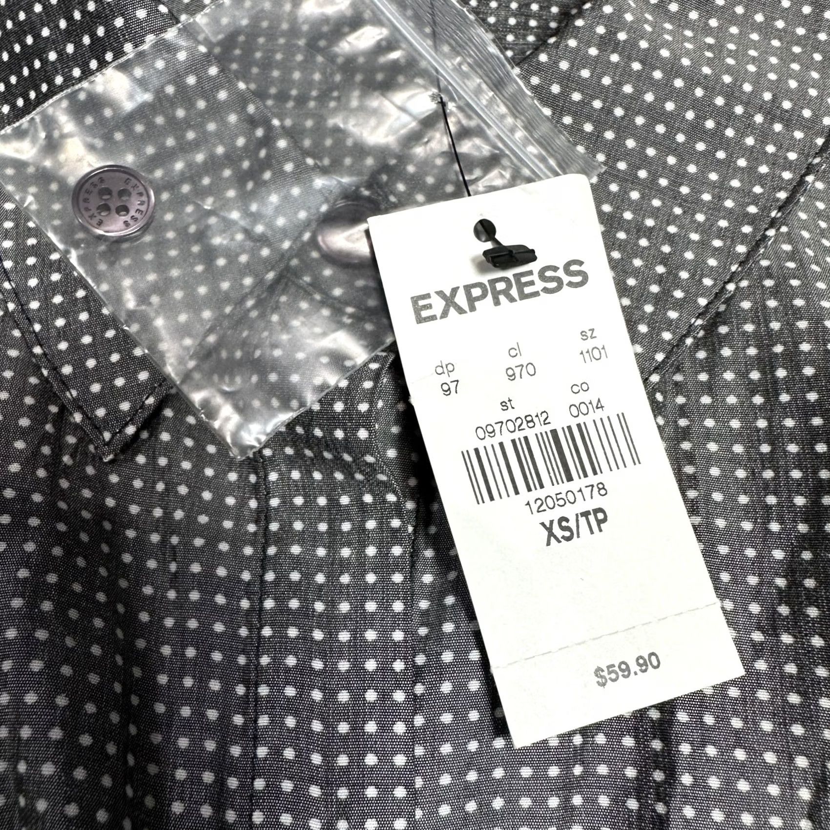 Express VINTAGE Express Shirt Womens XS Gray Polka Dot Long Sleeve Roll Tab Button Up NWT Size XS / US 0-2 / IT 36-38 - 6 Thumbnail
