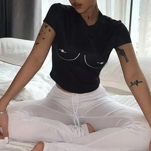Japanese Brand Korean Fashion Nipple Print Graphic O Neck Short Size ONE SIZE - 4 Thumbnail