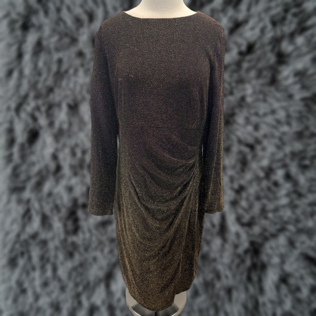 Ralph Lauren Lauren Ralph Lauren Draped Shift Dress Womens 14W Plus Black Gold Metallic Knee Length Long Sleeve Round Neck Zip Ruched Stretch Party Formal Womens Size XL / US 12-14 / IT 48-50 - 1 Thumbnail