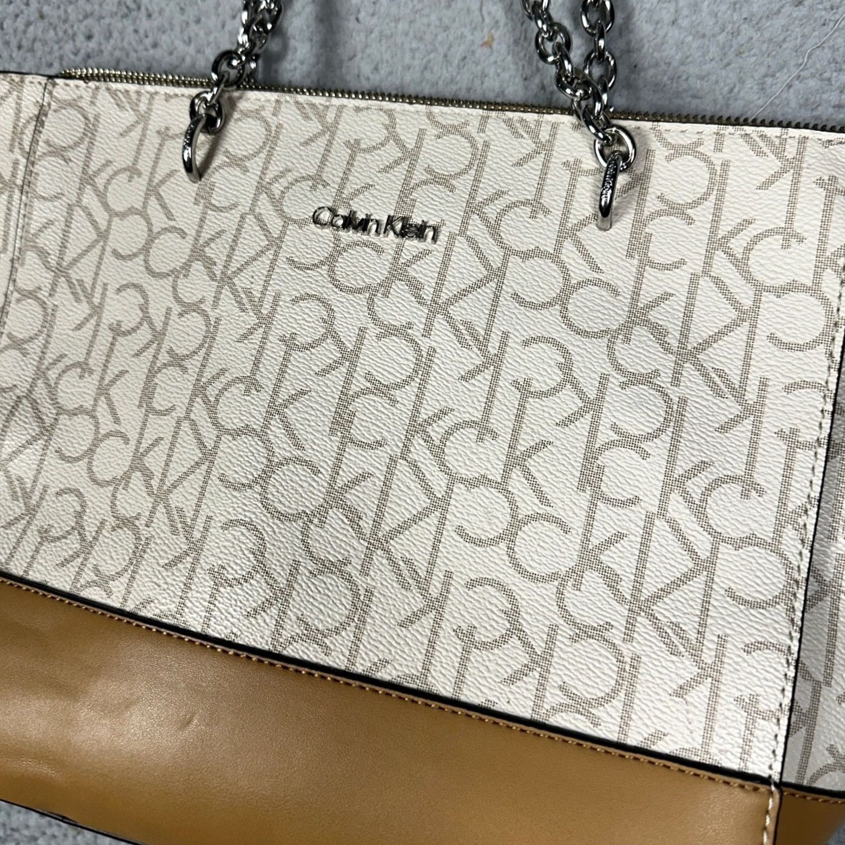 Calvin Klein Calvin Klein Tote Bag Monogram CK Logo Chain Strap Cream Tan Pouch Shoulder Bag Womens Medium Size ONE SIZE - 3 Thumbnail