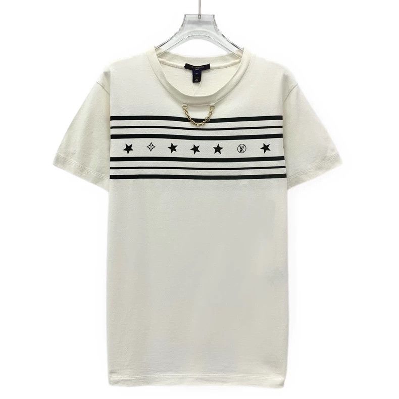Louis Vuitton 22 White Stripe Chain Cotton Crew Neck Short