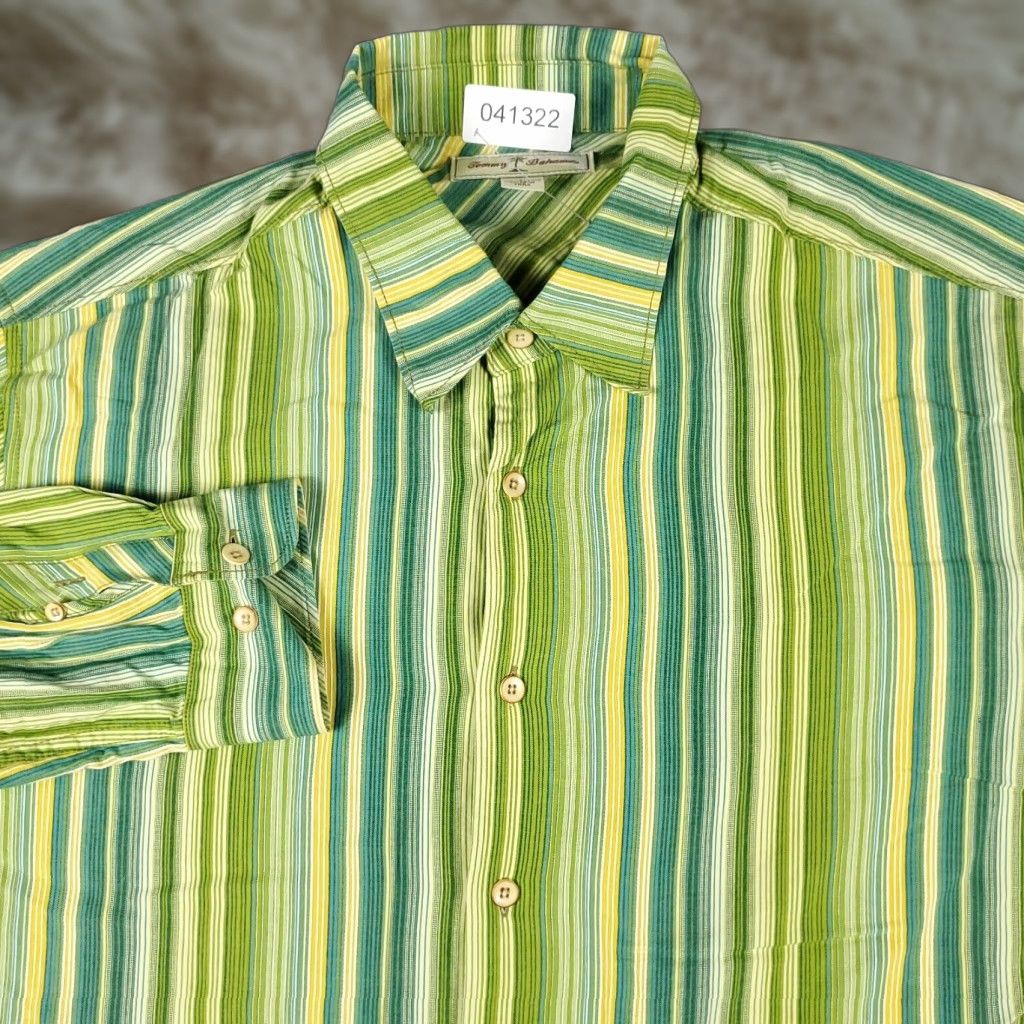 Tommy Bahama Tommy Bahama Shirt Mens Large Green Striped Cotton Button Up Long Sleeve Size US L / EU 52-54 / 3 - 1 Thumbnail