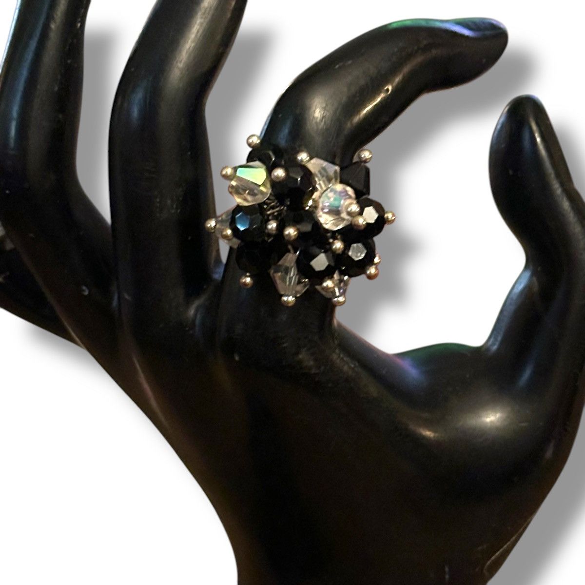 Vintage Vintage silver tone black and AB cluster glass bead ring Size ONE SIZE - 3 Thumbnail