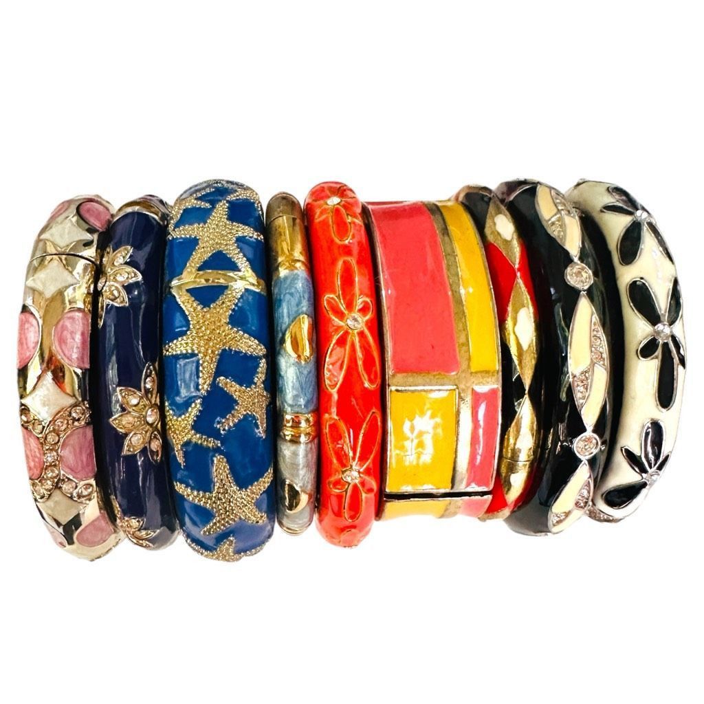 image of J Crew Bulk Lot 9 Enamel Bangle Bracelets Starfish Floral Rhineston in Silver, Women's