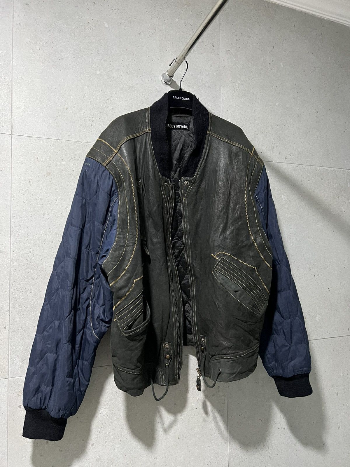 image of Issey Miyake Hybrid Leather Quilted Bomber Jacket in Black/Navy, Men's (Size Large)